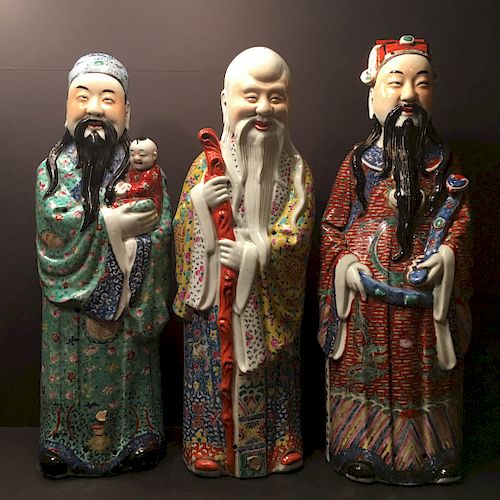 ANTIQUE Large Three Chinese Famille Rose Figurines, late 19th C, Mao Ji Sheng marks