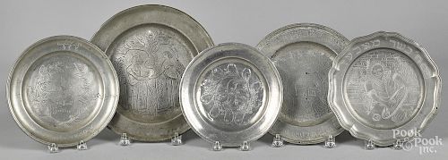 Five engraved pewter plates