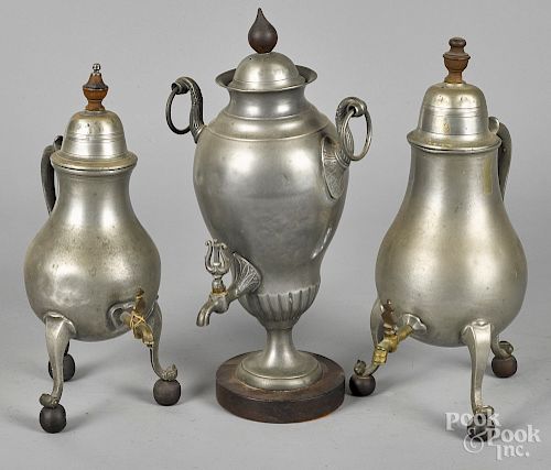 Three pewter hot water kettles