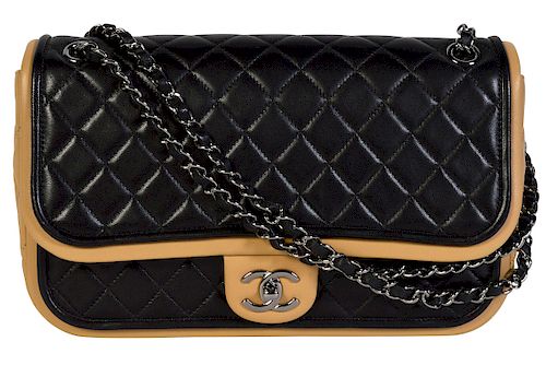 Classic CHANEL Two Toned Calfskin Leather Flap Bag