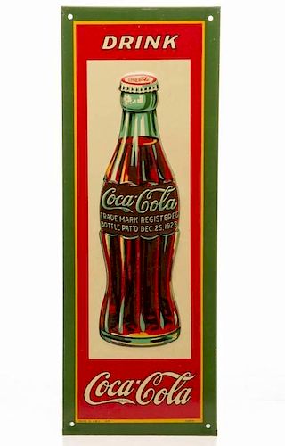 COCA-COLA EMBOSSED TIN "CHRISTMAS BOTTLE" ADVERTISING SIGN