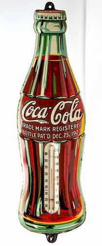 COCA-COLA EMBOSSED TIN "CHRISTMAS BOTTLE" ADVERTISING THERMOMETER