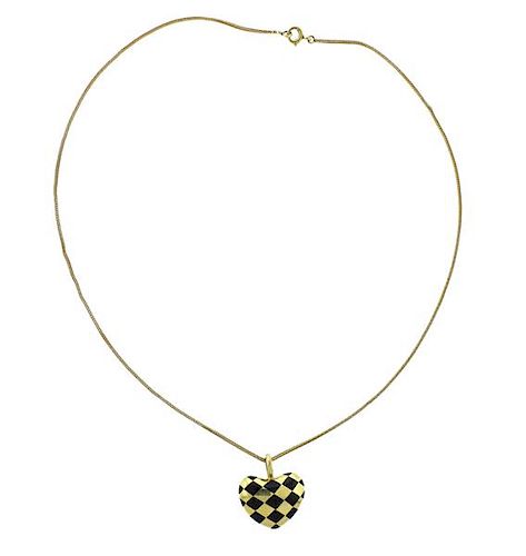Tiffany &amp; Co 18K Gold Onyx Inlay Heart Pendant on Necklace