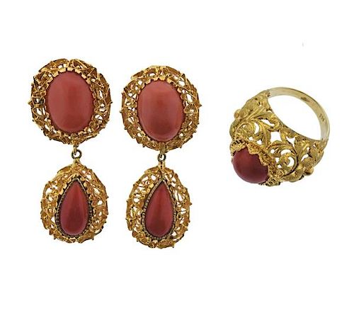 18K Gold Coral Drop Earrings Dome Ring Set