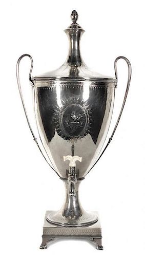 A George III Silver Tea Urn, Andrew Fogelberg and Stephen Gilbert, Height overall 21 3/4 inches.