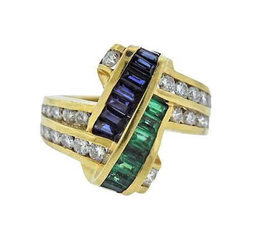 Charles Krypell 18K Gold Diamond Emerald Sapphire Ring