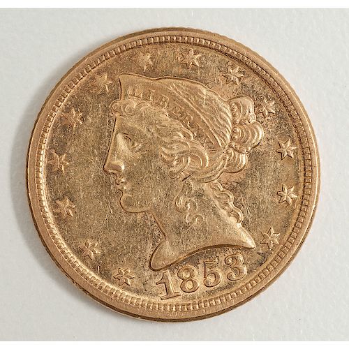 United States Liberty Head $5 Gold Coin 1853-D