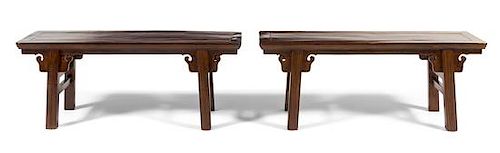 * A Pair of Small Chinese Hardwood Benches, Tiaodeng Height 17 x width 42 1/2 x depth 11 1/2 inches.