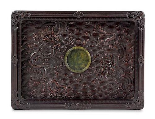 * A Chinese Spinach Jade Inset Zitan Tray, Pan Length 12 3/4 x width 9 3/8 x depth 1 3/8 inches.