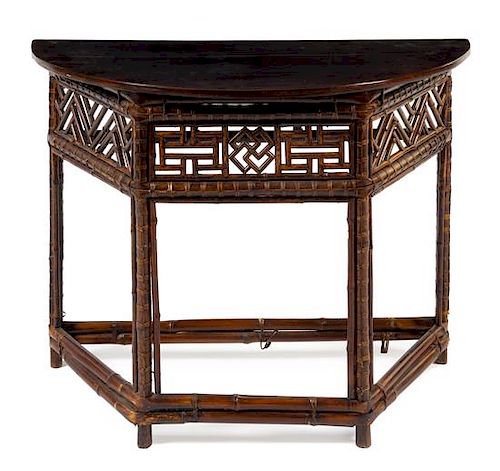 * A Chinese Lacquered Bamboo Demi-Lune Side Table, Banyuezhuo Height 31 x width 14 3/4 x depth 20 inches.