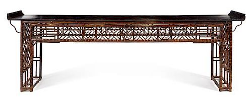 * A Large Chinese Bamboo and Lacquer Altar Table, Qiaotou'an Height 36 1/4 x width 106 x depth 18 inches.
