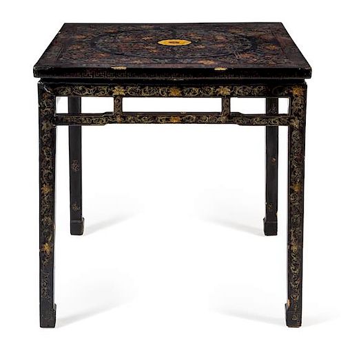 * A Chinese Black and Polychrome Lacquered Hardwood Table, Fangzhuo Height 34 x width 34 x depth 34 inches.