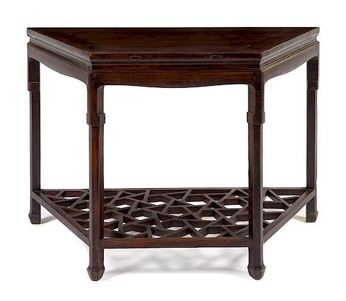 * A Chinese Hardwood Demi-Lune Console Table, Shanmianzhuo Height 34 x width 50 x depth 22 inches.