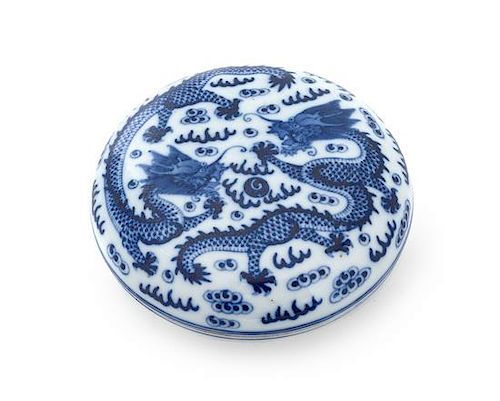 * A Blue and White Porcelain Seal Paste Covered Box, Yinse He Diameter 4 1/2 inches.