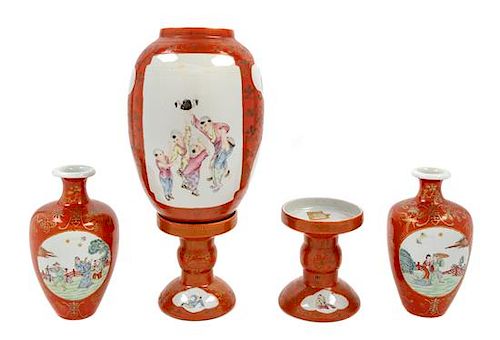 * Two Pairs of Gilt Decorated Coral Red Ground Famille Rose Porcelain Articles Height 13 inches.