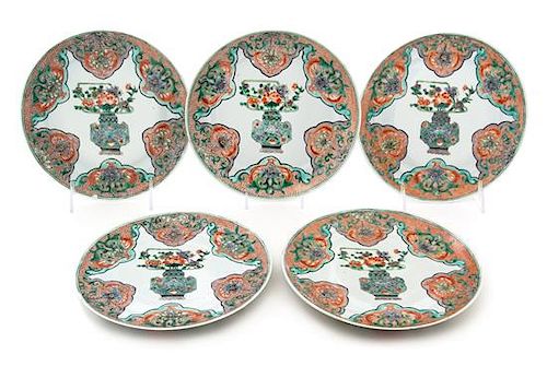 Five Famille Verte Porcelain Plates Diameter of each 8 inches.