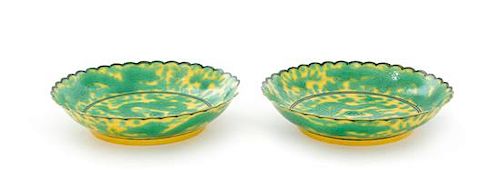 * A Pair of Yellow Ground Green Decorated Porcelain 'Dragon' Dishes Diameter 5 1/4 inches.