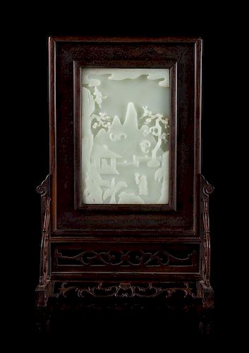 A Pale Celadon Jade Inset Table Screen Height 14 1/2 inches.