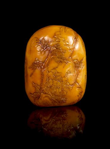 * A Carved Yellow Soapstone Boulder Height 3 3/4 inches.