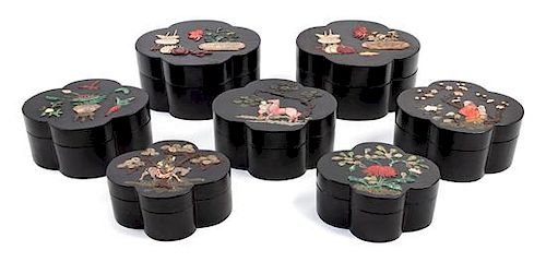 * Seven Hardstone Embellished Lacquer Quatrefoil Boxed and Covers Length of largest 7 1/2 inches.