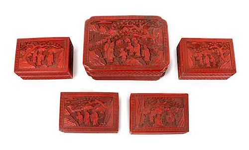 * Five Carved Red Lacquer Boxes Length of largest 8 5/8 inches.