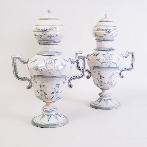 Pair of Italian Glazed Pottery Jars, Collars and Covers