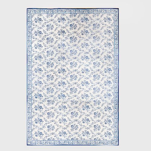 Stark Blue and White Needlework Floral Pattern Carpet