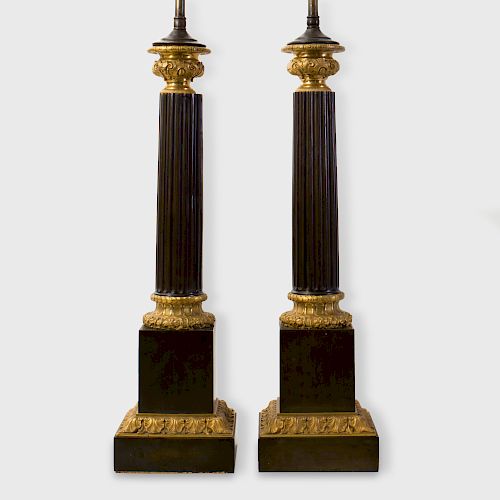 Pair of Neoclassical Style Gilt-Patinated Bronze Columnar Lamp