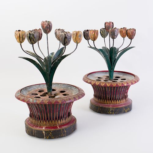 Pair of French Tôle Peinte Tulipiere Candleabra, in the Style of Elsie de Wolfe