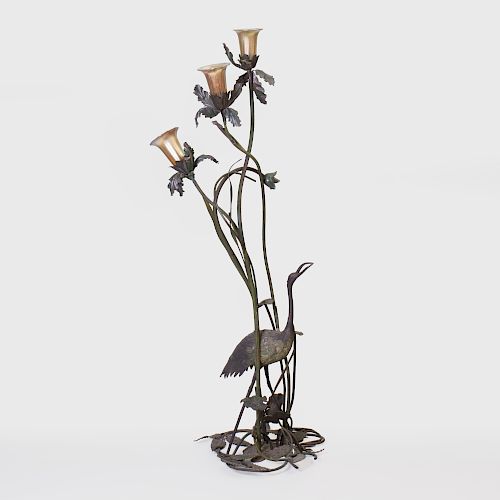 Art Nouveau Iridescent Patinated-Bronze Figural Floor Lamp with Iridescent Glass Shades