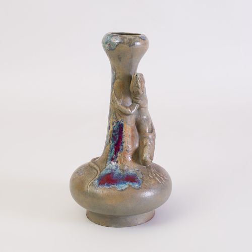 French Glazed Pottery Vase Molded with a Lizard