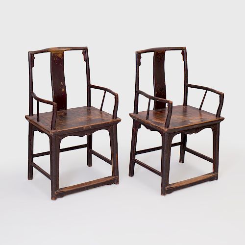 Pair of Chinese Lacquered Elm Armchairs