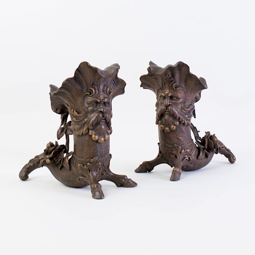 Pair of Baroque Style Cornucopia Form Patinated-Bronze Vases