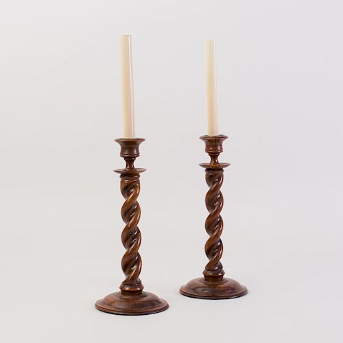 Pair of English Turned Wood Candlesticks
