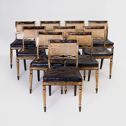 Set of Twelve Regency Painted, Parcel-Gilt and Caned Dining Chairs