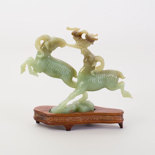 Chinese Carved Jade Group of Two Leaping Rams
