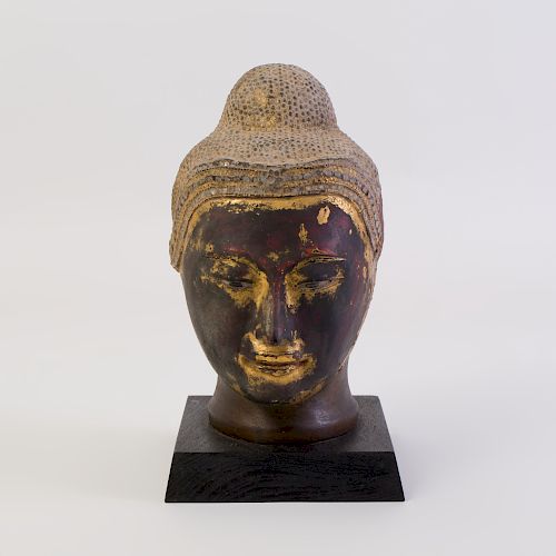 Thai or Burmese Parcel-Gilt Lacquered Head of Buddha
