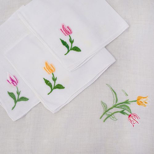 Linen Tablecloths and Set of Thirteen Napkins Embroidered with Tulips