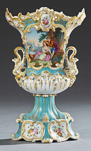 Old Paris Porcelain Jacob Petit Baluster Flare Vase, 19th c., with a gilt rim and highlights on a bleu d'celeste ground, with applied dragon handles, 