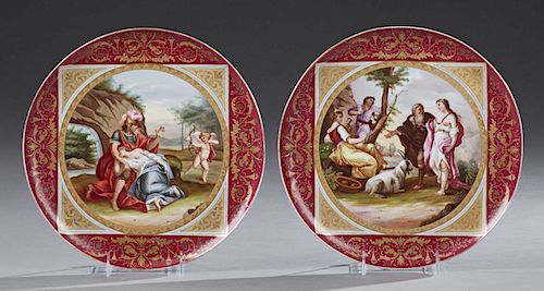 After Ernst Ludwig Plass (1855-1917), "The Temptation," and "Mars and Venus," 19th c., pair of Royal Vienna chargers, the borders with elaborate gilt 
