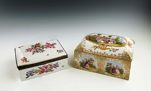 Two Painted Porcelain Dresser Boxes, late 19th c., consisting of a German example with brass mounts, and hand painted floral decoration; the second Fr