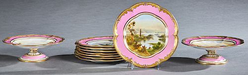 Ten Piece Salopian Coalport Dessert Service, 19th c., consisting of two compotes and eight plates, all with scalloped gilt rims and gilt tracery borde