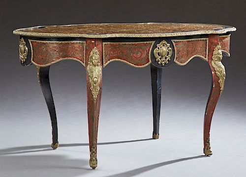 French Louis XV Style Ormolu Mounted Boulle Inlaid Center Table, late 19th c., the ormolu rimmed tortoise top over a wide inlaid ormolu mounted skirt 