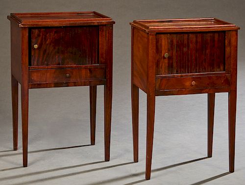 Pair of French Louis XVI Style Mahogany Nightstands, late 19th c., the dished tops over taubour doors and lower drawers, on tapered square legs, H.- 2