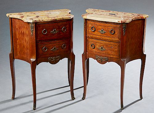 Pair of French Louis XV Style Ormolu Mounted Inlaid Mahogany Bowfront Nightstands, early 20th c., the Breche d'Alps ocher marble over two drawers flan