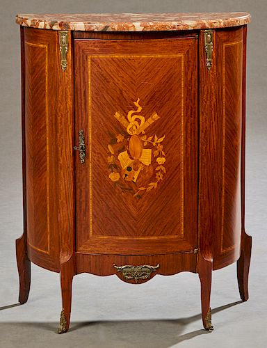 French Louis XV Style Demilune Marble Top Inlaid Mahogany Commode, late 19th c., the stepped ogee edge D-shaped highly figured Breche d'Alpes marble o