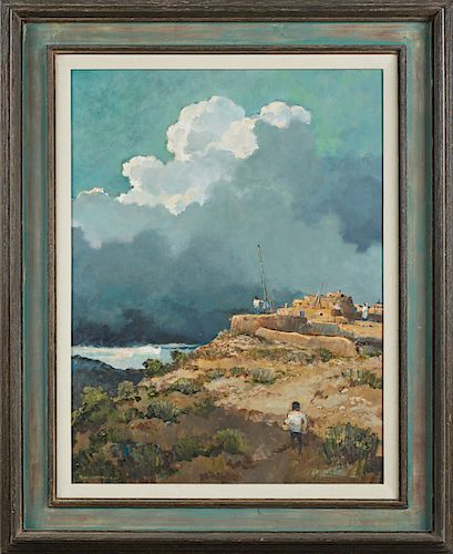Eric Sloane (1905-1985, Connecticut), "New Mexico Sky and Earth," 1980, oil on masonite, signed lower left, signed and titled verso, presented ina rus