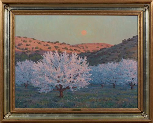 Malcolm Hughes (1920-1997, Texas), "Orchard Moonrise," 20th c., oil on canvas, signed lower right, titled verso, presented in a wide gilt frame, H.- 2