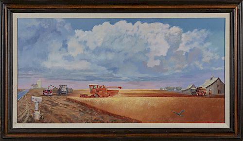 James Ralph Johnson (1922- , American), "The Busy Season," 20th c., oil on panel, signed lower right, presented in an ebonized and wood frame with a l