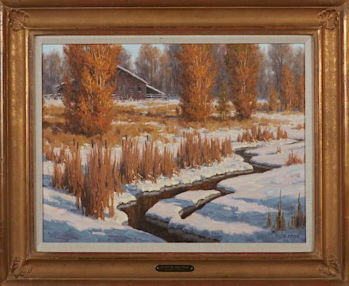 Charles John Fritz (1955- , Montana,) "Cattails Up Duck Creek," 20th c., oil on canvas, signed lower right, titled on brass nameplate, presented in a 